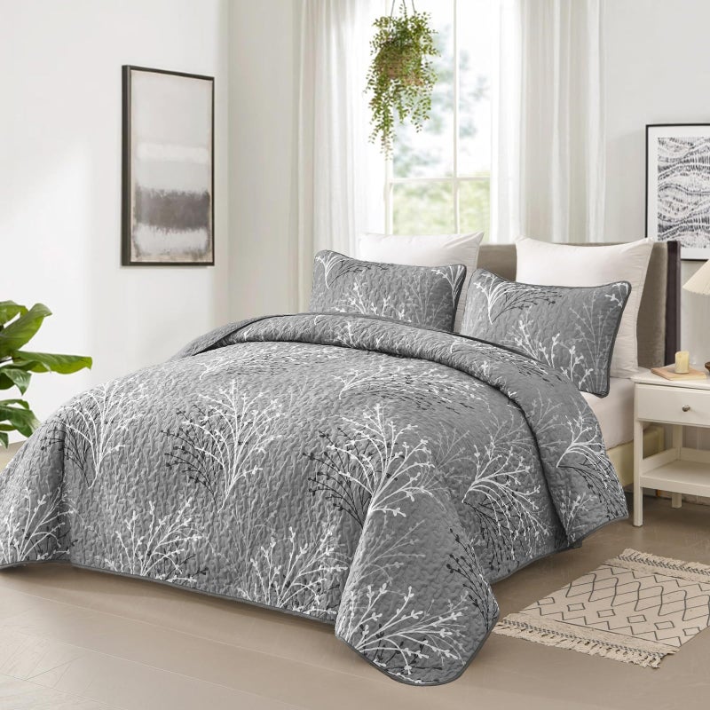 DJY Grey Quilt Set Full Size Branch Botanical Pattern Bedspread Coverlet Set, 3 Piece Soft Lightweight Summer Bedspread Gray Floral Quilt Bedding Set Reversible Bedding Cover for All Season, 80''x90'' - Image 2
