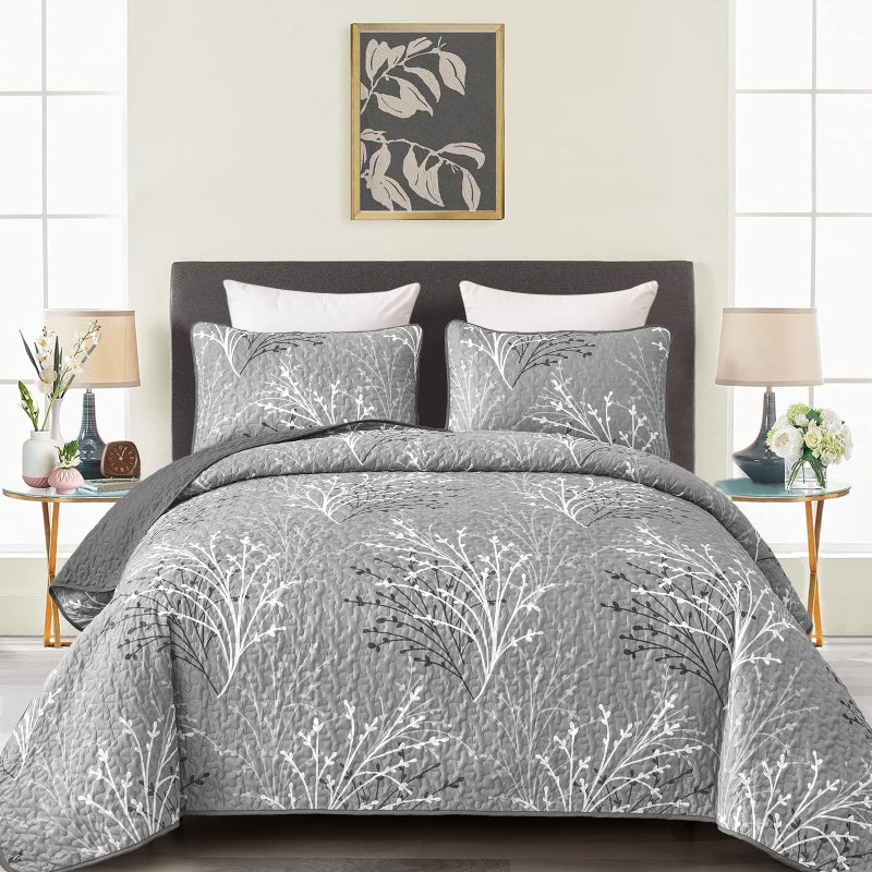 DJY Grey Quilt Set Full Size Branch Botanical Pattern Bedspread Coverlet Set, 3 Piece Soft Lightweight Summer Bedspread Gray Floral Quilt Bedding Set Reversible Bedding Cover for All Season, 80''x90'' - Image 1