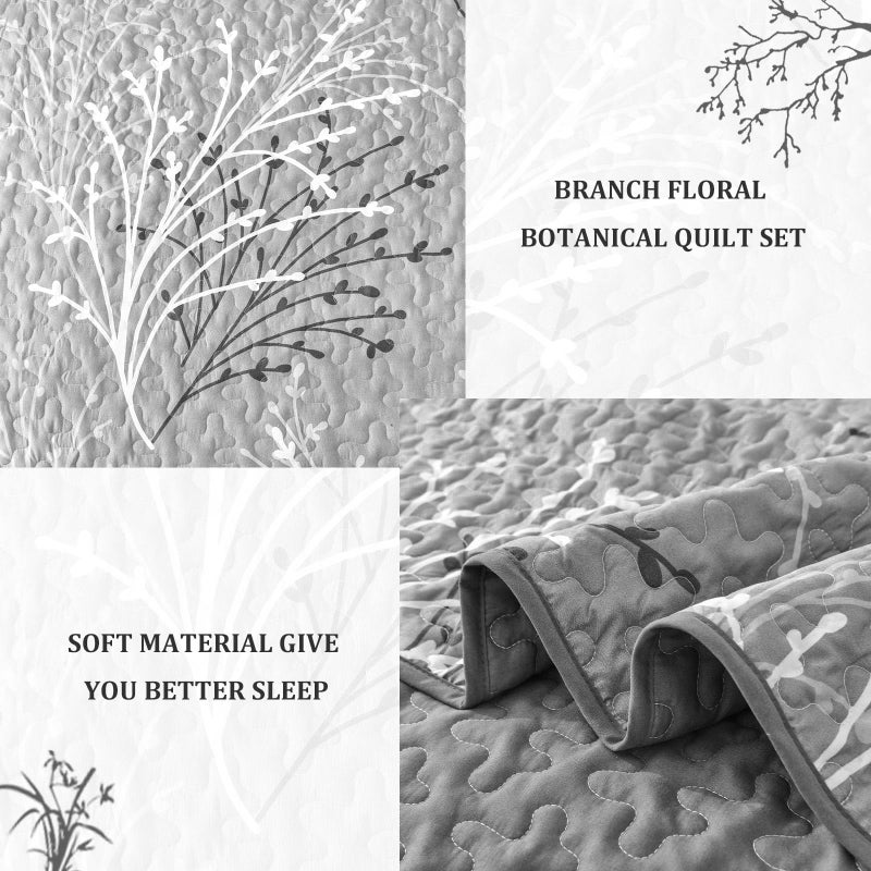 DJY Grey Quilt Set Full Size Branch Botanical Pattern Bedspread Coverlet Set, 3 Piece Soft Lightweight Summer Bedspread Gray Floral Quilt Bedding Set Reversible Bedding Cover for All Season, 80''x90'' - Image 4