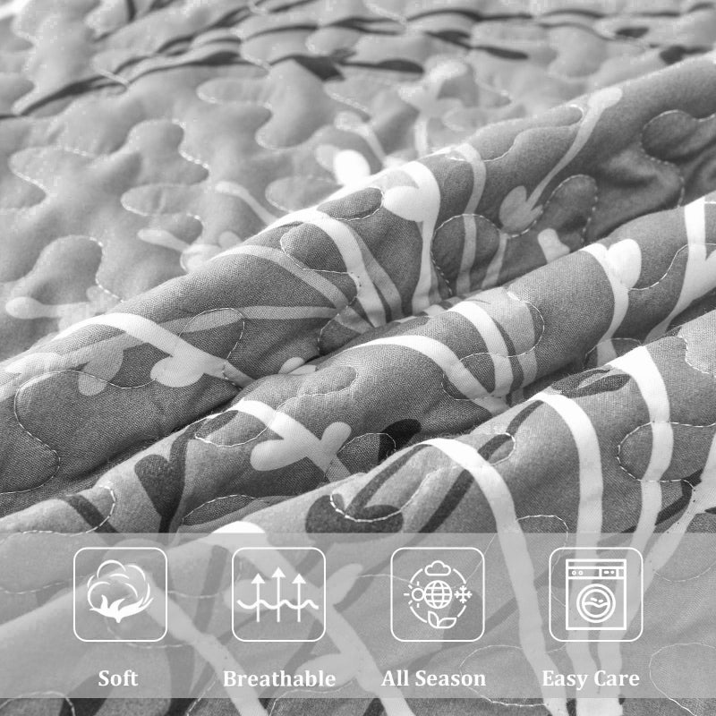 DJY Grey Quilt Set Full Size Branch Botanical Pattern Bedspread Coverlet Set, 3 Piece Soft Lightweight Summer Bedspread Gray Floral Quilt Bedding Set Reversible Bedding Cover for All Season, 80''x90'' - Image 5