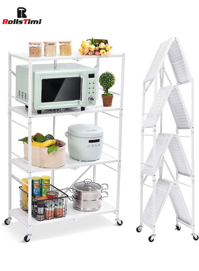 RollsTimi  Foldable 4-Tier Storage Shelving Unit with Lockable Wheels, Space-Saving Organizer Rack for Home and Office,White - Image 1