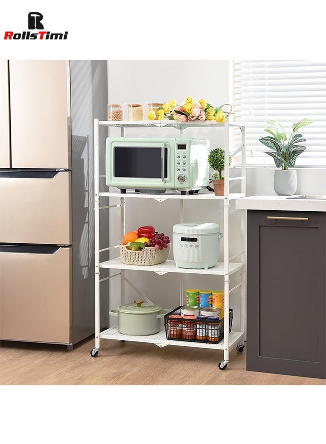 RollsTimi  Foldable 4-Tier Storage Shelving Unit with Lockable Wheels, Space-Saving Organizer Rack for Home and Office,White - Image 2