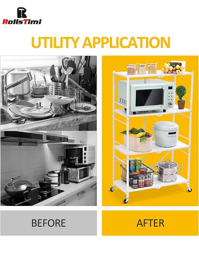 RollsTimi  Foldable 4-Tier Storage Shelving Unit with Lockable Wheels, Space-Saving Organizer Rack for Home and Office,White - Image 5