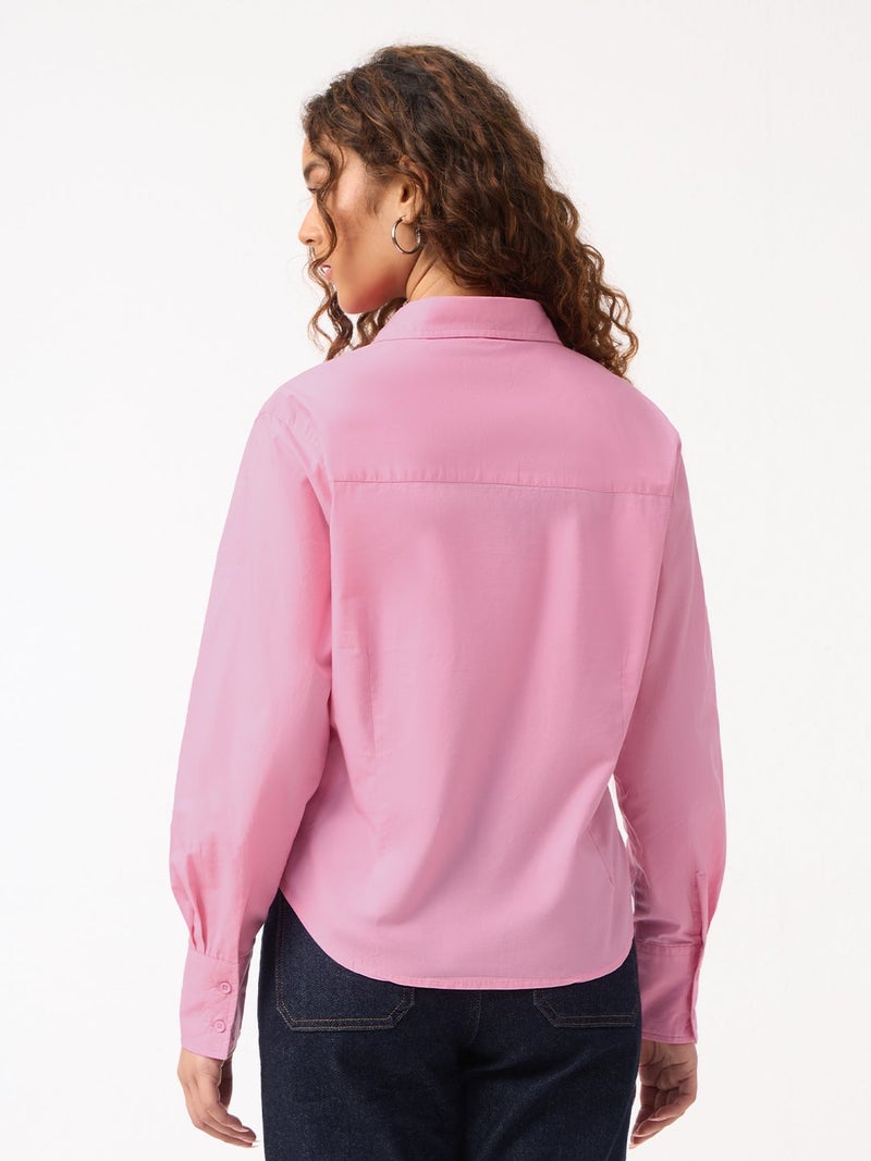 The Souled Store Classic Solids: Rose Women and Girls Full Sleeves Spread Collar Light Pink Solid Cotton Regular Fit Lightweight Everyday Shirt for Casual Wear - Image 4