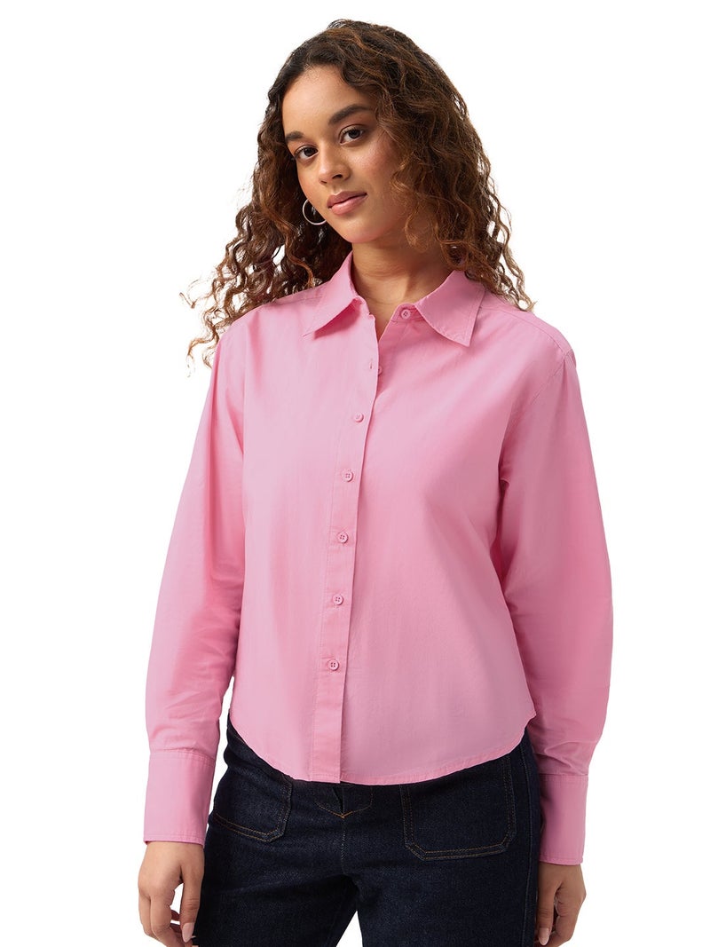 The Souled Store Classic Solids: Rose Women and Girls Full Sleeves Spread Collar Light Pink Solid Cotton Regular Fit Lightweight Everyday Shirt for Casual Wear - Image 1