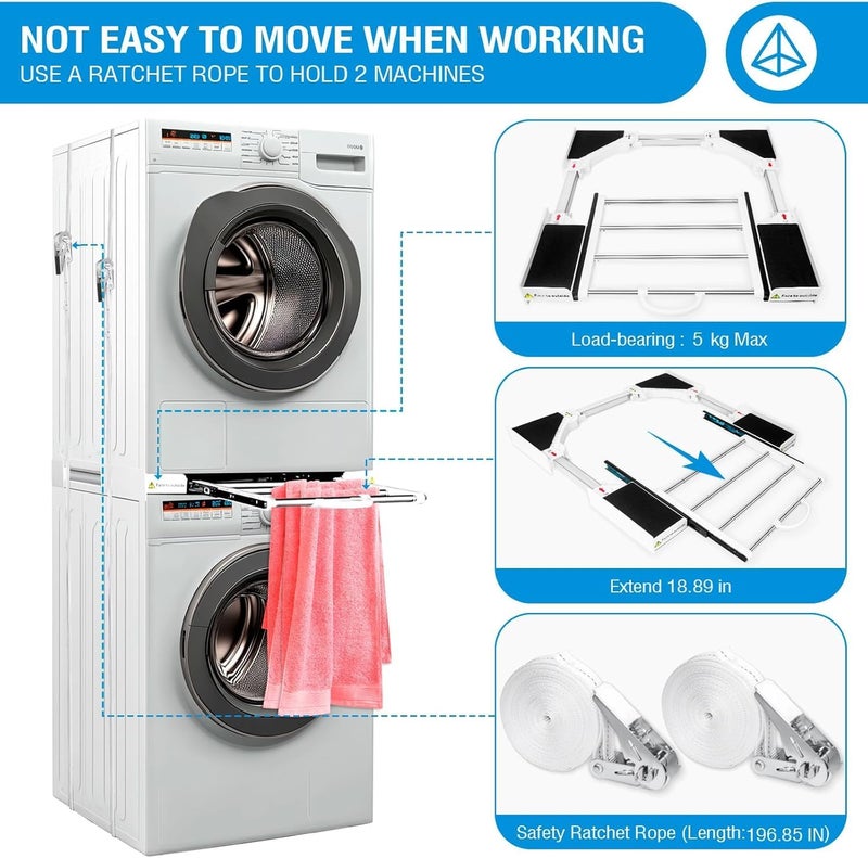 Ankila 29 inch Stacking Kit for Washer and Dryer, Universal Washer and Dryer Stacking Kit with Pull Out Drying Rack, Door Prop, Adjustable 29"/28"/27"/26"/25"/24" Stacking Kit with Ratchet Strap - Image 4