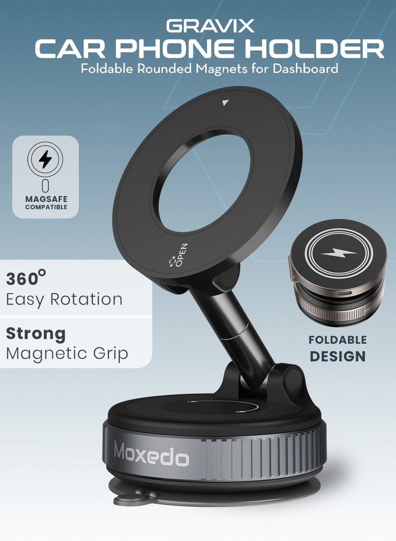 Moxedo Gravix Car Phone Holder Foldable Rounded Magnets for Dashboard with Vacuum Suction Cup 360° Base Rotation with Metal Plate Compatible for All Smartphone - Image 2