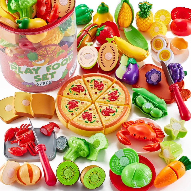 Shimirth 67Pc Pretend Play Food Sets for Kids Kitchen Pizza Toy Food Cutting Fake Food Fruits Vegetables Play Kitchen Toys Accessories Pretend Food Toys for Toddlers Boys Girls Birthday Gift - Image 3