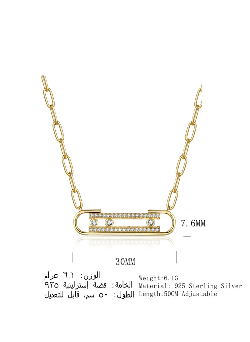 Moonmory 18K Gold Plated Color 925 Sterling Silver Three Stone Move Pendant Necklace With Clear Zircon For Women Original Design Paper Clip 50CM Adjustable Classic Paperclip Chain Platinum Plated Ramadan Mother's Day Valentine's Day Gifts - Image 2