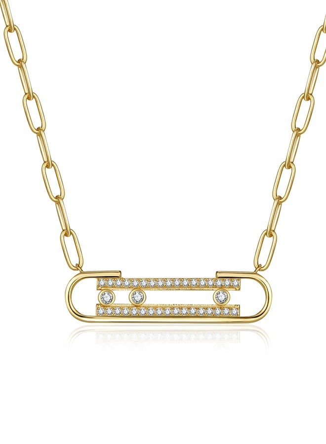 Moonmory 18K Gold Plated Color 925 Sterling Silver Three Stone Move Pendant Necklace With Clear Zircon For Women Original Design Paper Clip 50CM Adjustable Classic Paperclip Chain Platinum Plated Ramadan Mother's Day Valentine's Day Gifts - Image 1