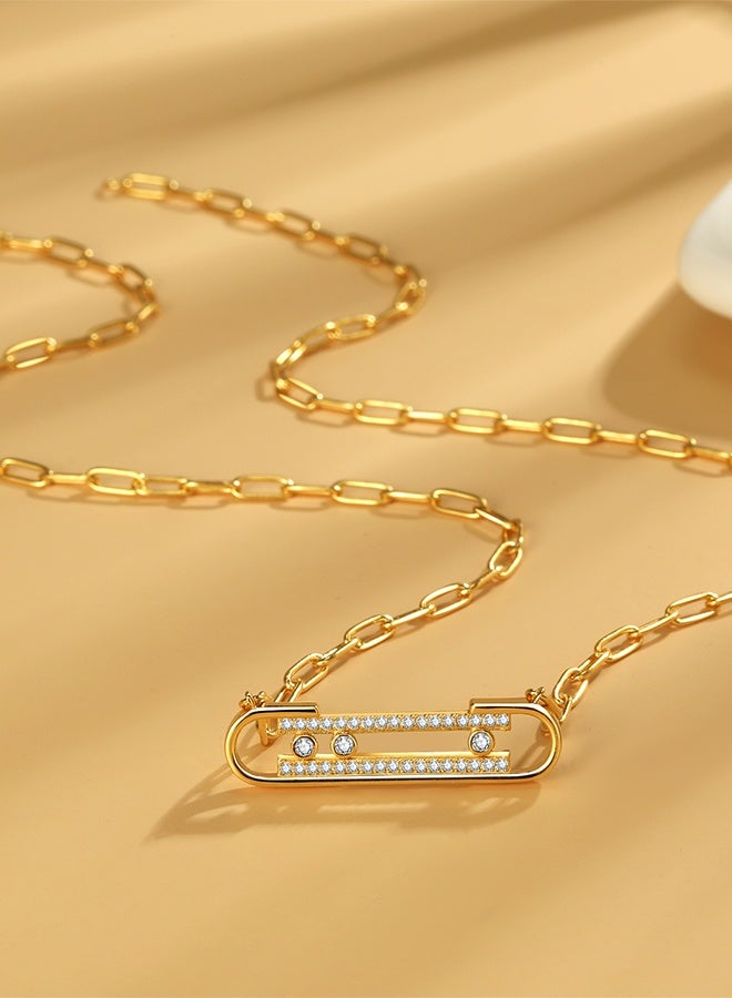 Moonmory 18K Gold Plated Color 925 Sterling Silver Three Stone Move Pendant Necklace With Clear Zircon For Women Original Design Paper Clip 50CM Adjustable Classic Paperclip Chain Platinum Plated Ramadan Mother's Day Valentine's Day Gifts - Image 5