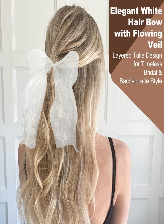 ZGGAZCA White Hair Bow Clip with Tulle Lace Short Bridal Veils and Bows for Wedding Bride Look Bachelorette Party Hair Clip in Veil Style Wedding Headwear Accessories for Women Girls Bridesmaids - Image 4