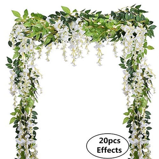 DearHouse 4Pcs 6.6Ft/Piece Artificial Flowers Silk Wisteria Garland Artificial Wisteria Vine Rattan Silk Hanging Flower for Home Garden Outdoor Ceremony Wedding Arch Floral Decor (White) - Image 2