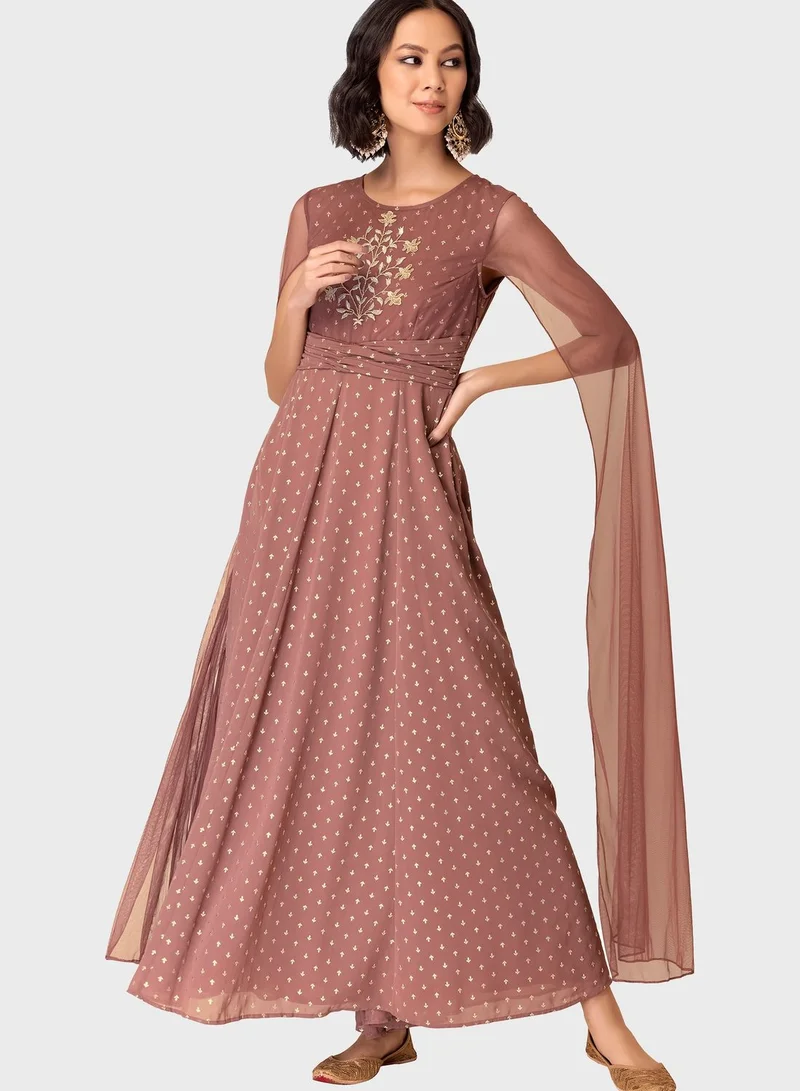 indya Foil Print Cape Sleeve Kurta