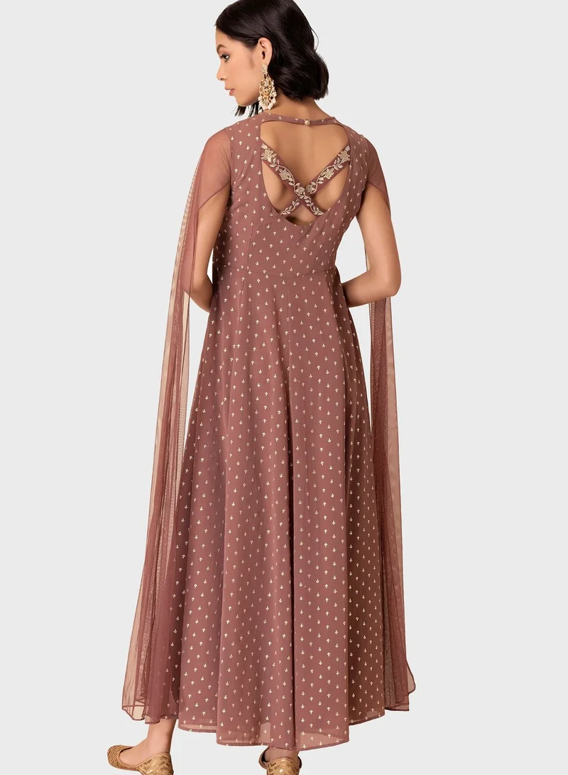 indya Foil Print Cape Sleeve Kurta