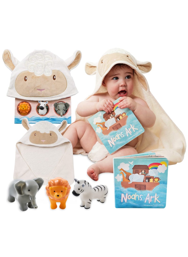Tickle & Main Tickle  Main Noahs Ark Baptism Gift for Boys  Ark Toy Gift for Baby Shower  Birthday  ReadytoGive 5Piece Bundle with Story Book Hooded Towel  3 Squirt Toys for Toddlers  Kids 