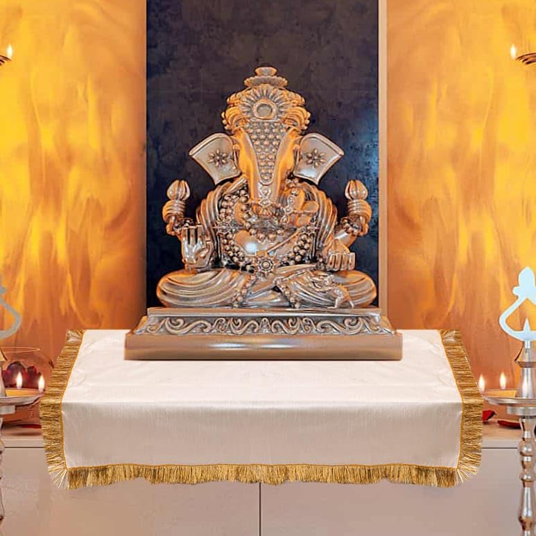 SEER Pooja Room Rectangular Decoration Item White Silk Satin Altar Cloth, 1 Meter, For Pooja Table, Goddess Chowki Aasan, Temple, Mandir, Puja Ghar (White) - Image 2