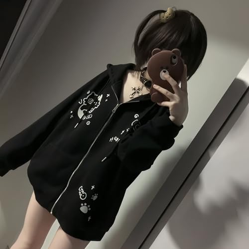 Dynict Womens Y2K Zip Up Cute Graphic Hoodies Cat Ears Casual Cartoon Harajuku Kawaii Clothes Oversize Streetwear Jacket (US, Alpha, Medium, Regular, Regular, Black) - Image 4