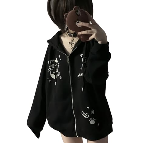 Dynict Womens Y2K Zip Up Cute Graphic Hoodies Cat Ears Casual Cartoon Harajuku Kawaii Clothes Oversize Streetwear Jacket (US, Alpha, Medium, Regular, Regular, Black) - Image 1