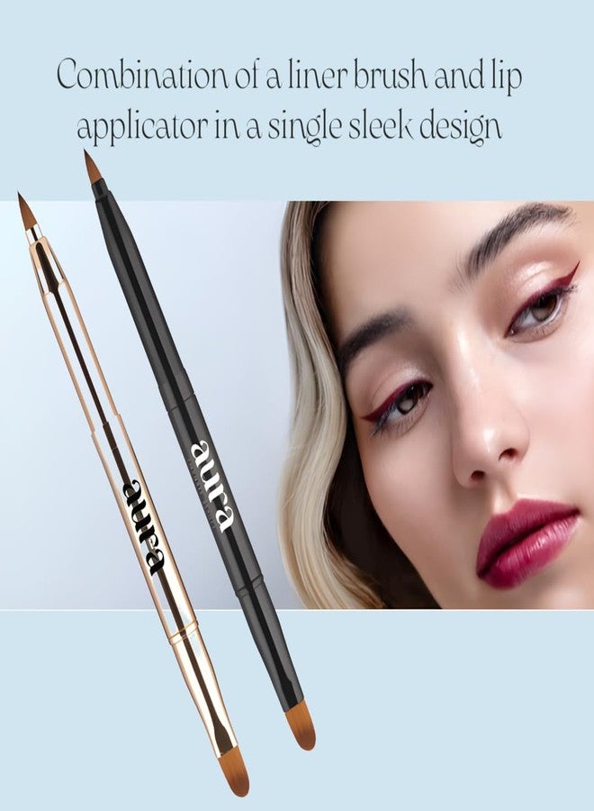 Aura Retractable Brush for application on lips or eyes. Liner Brush, Lip Gloss, Eyeshadow Concealer Brush. 2 Pieces Double-ended Lip Applicator with Cap, (Black/Gold) - Image 4