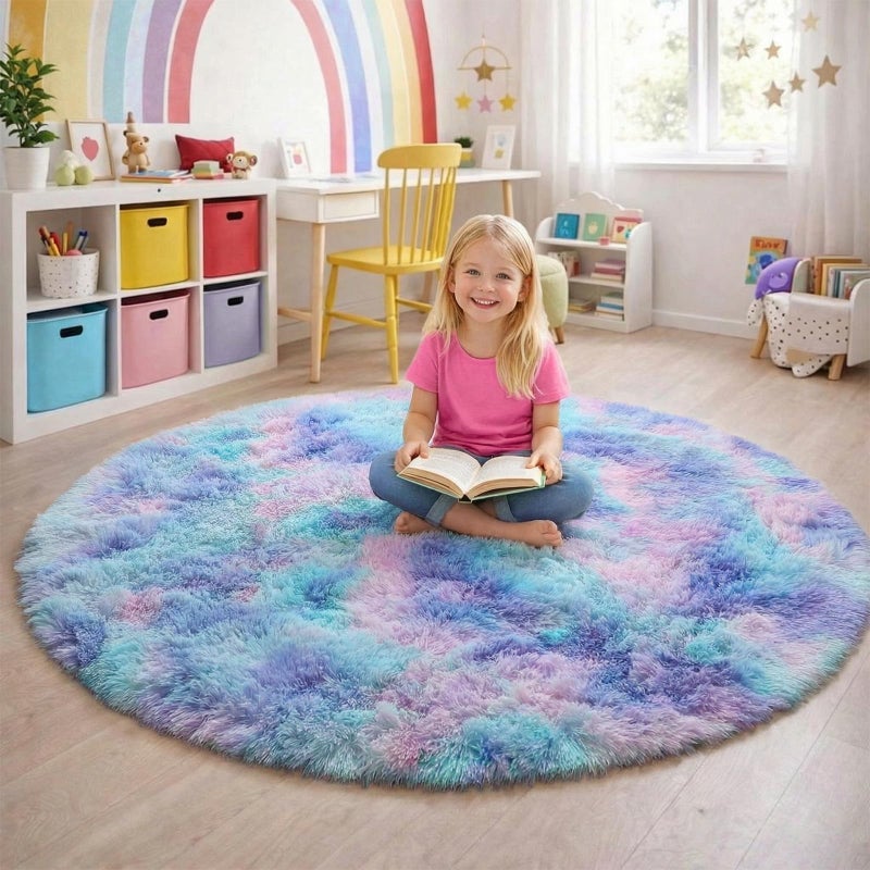 Amdrebio Purple Rainbow Round Rug 4Ft for Bedroom Girls Room Decor, Mermaid Stitch Frozen Kids Rugs for Playroom Nursery Dorm, Fluffy Furry Cute Shag Carpet, Kawaii Circle Area Rugs for Baby Toddler - Image 4