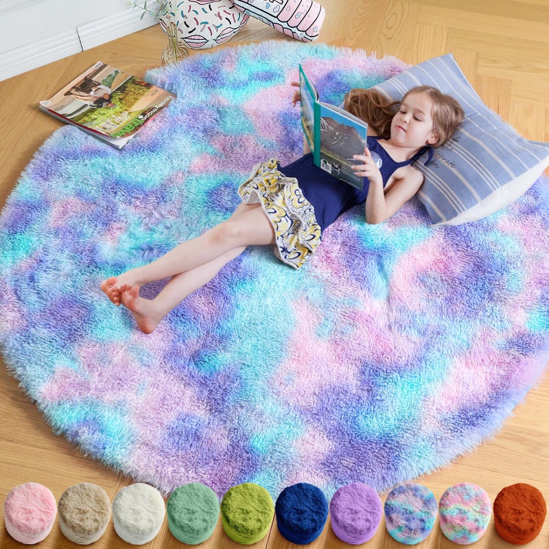 Amdrebio Purple Rainbow Round Rug 4Ft for Bedroom Girls Room Decor, Mermaid Stitch Frozen Kids Rugs for Playroom Nursery Dorm, Fluffy Furry Cute Shag Carpet, Kawaii Circle Area Rugs for Baby Toddler - Image 1