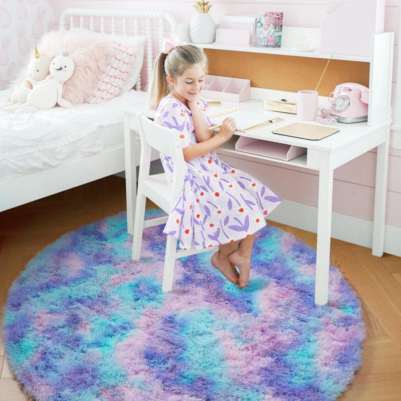 Amdrebio Purple Rainbow Round Rug 4Ft for Bedroom Girls Room Decor, Mermaid Stitch Frozen Kids Rugs for Playroom Nursery Dorm, Fluffy Furry Cute Shag Carpet, Kawaii Circle Area Rugs for Baby Toddler - Image 3