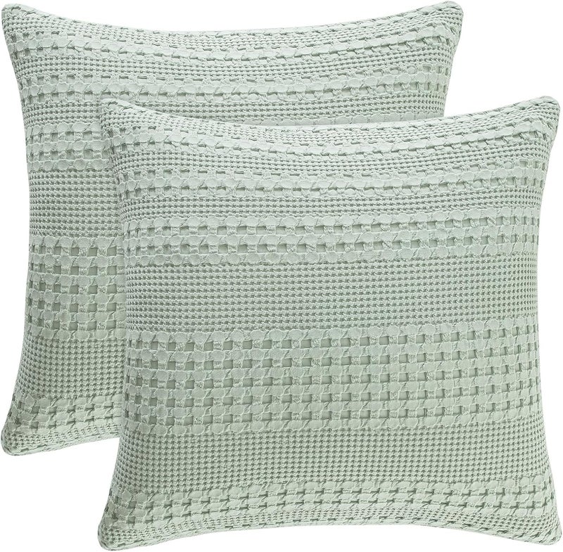 PHF 2 Piece 60cm x 60cm Cotton Waffle Weave Pillow Covers, Luxury Square Elegant Decorative Covers, No Filling, Mint Green - Image 1