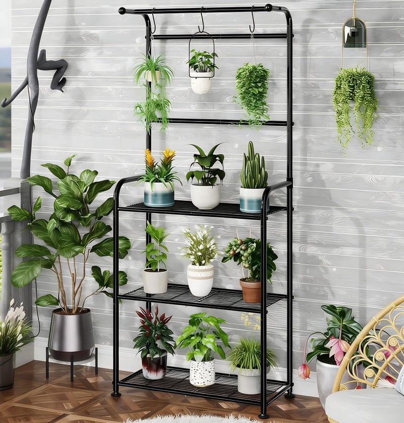 Ekisemio Plant Stands Outdoor with Hooks, Metal Tall Plant Shelves Indoor for Hanging Planter, Black - Image 1