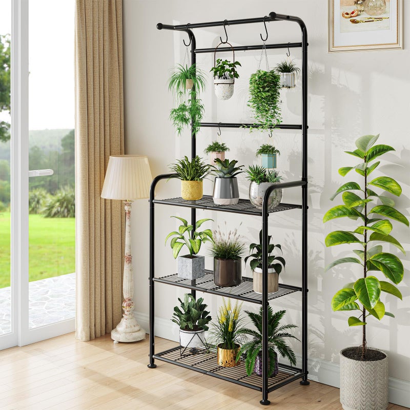 Ekisemio Plant Stands Outdoor with Hooks, Metal Tall Plant Shelves Indoor for Hanging Planter, Black - Image 3