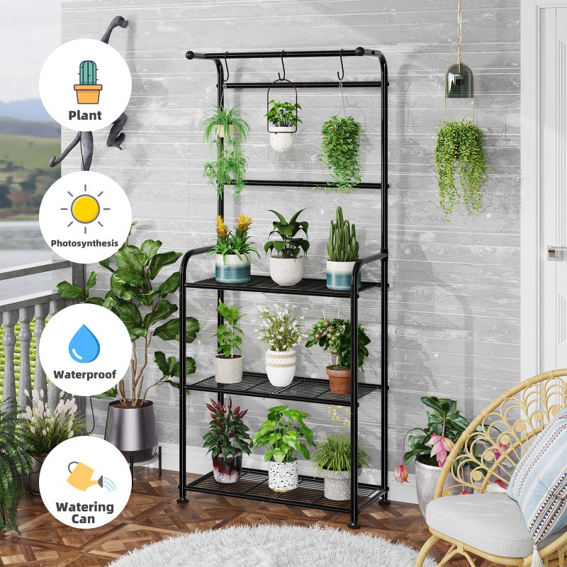 Ekisemio Plant Stands Outdoor with Hooks, Metal Tall Plant Shelves Indoor for Hanging Planter, Black - Image 4
