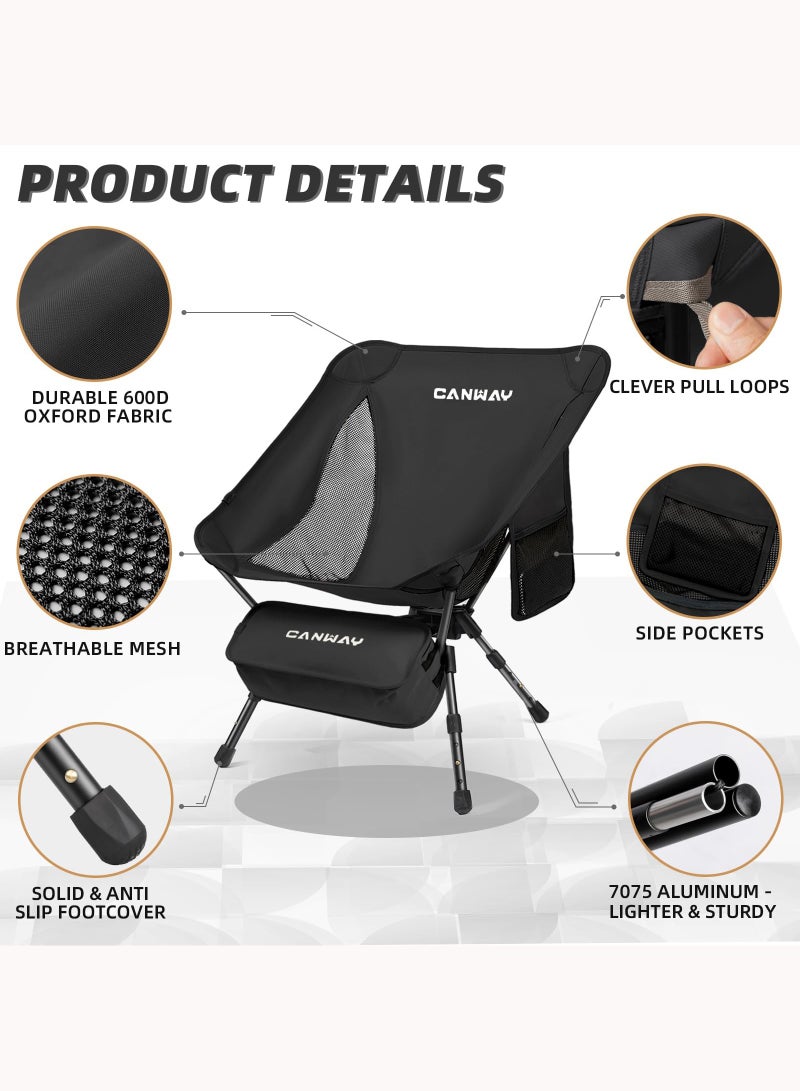 Canway كرسي تخييم محمول، كرسي قابل للطي فائق الصغر وخفيف الوزن للتخييم، الشاطئ، النزهات، حفلات الحديقة، المشي، الرحلات، ارتفاع قابل للتعديل، أسود - Image 4
