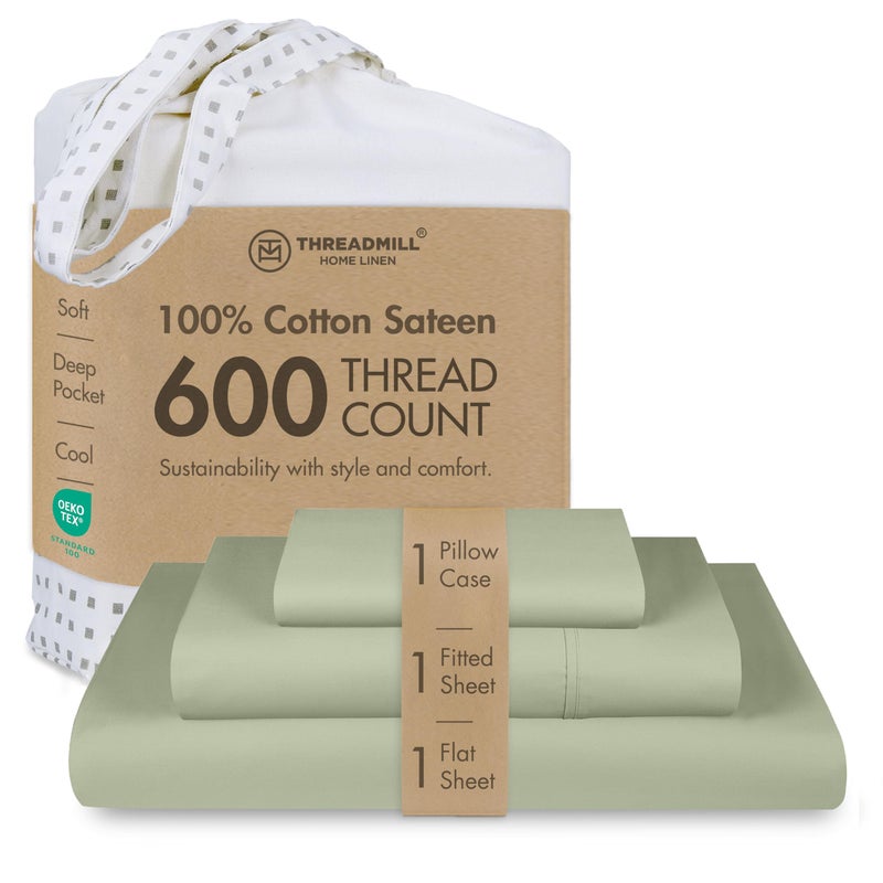 Threadmill 100% Cotton Sheets for Twin XL Size Bed - 600 Thread Count Twin XL Bed Sheets Set with 15â€ Deep Pocket - Sateen Weave 3-Piece Bedding Set with Cooling Effect, Sage Green - Image 1
