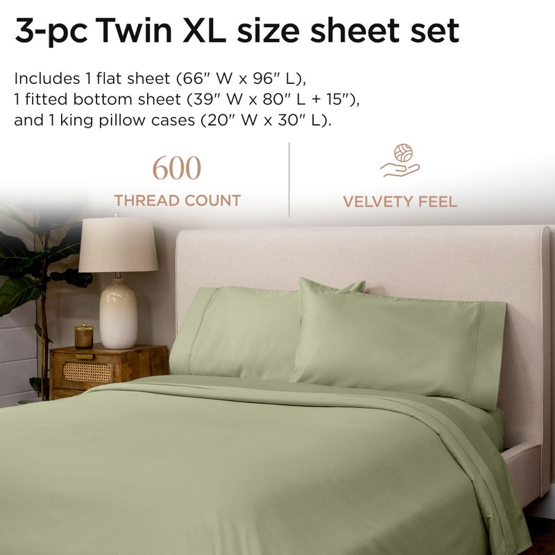 Threadmill 100% Cotton Sheets for Twin XL Size Bed - 600 Thread Count Twin XL Bed Sheets Set with 15â€ Deep Pocket - Sateen Weave 3-Piece Bedding Set with Cooling Effect, Sage Green - Image 2