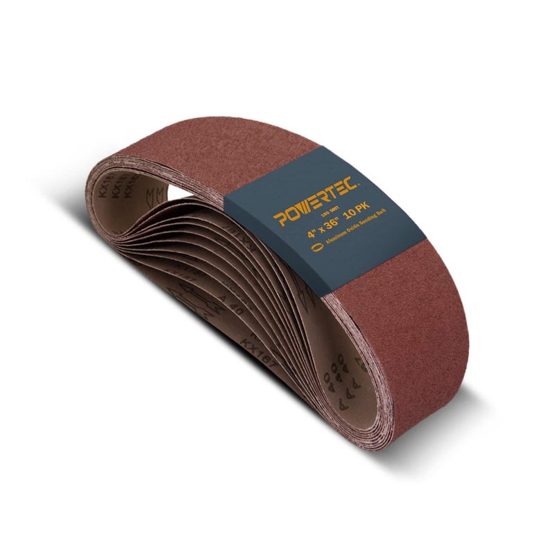 POWERTEC 10PK 4x36 Sanding Belts 180 Grit Aluminum Oxide 4 x 36 Inch Sanding Belts for Benchtop Belt and Disc Sander Belt Sandpaper Woodworking Metalworking Paint Rust Removal 110690