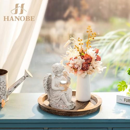 Hanobe صينية تقديم خشبية ريفية من هانوبه: صينية دائرية خشبية مزخرفة، قطعة مركزية عتيقة، حامل شموع، صواني مزرعة، صينية أوتومان للديكور، ملحقات ديكور للمطبخ، لصينية القهوة. - Image 3