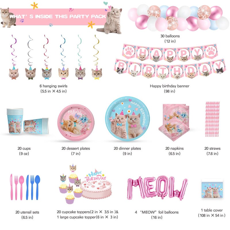 SKEPHWSKA 223 Pieces Cat Party Supplies Set - (Serves 20) - Cat Birthday Party Decorations for Girls/Boys - Kitten Disposable Dinnerware with Happy Birthday Banner Large Foil Balloons Cake Topper, Plates Cups, - Image 2