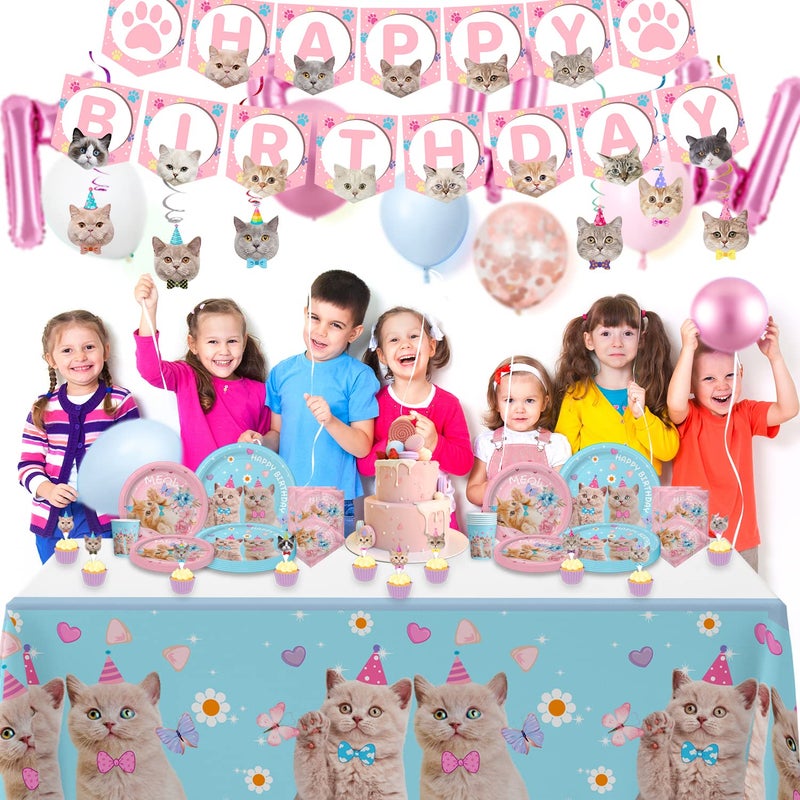 SKEPHWSKA 223 Pieces Cat Party Supplies Set - (Serves 20) - Cat Birthday Party Decorations for Girls/Boys - Kitten Disposable Dinnerware with Happy Birthday Banner Large Foil Balloons Cake Topper, Plates Cups, - Image 5