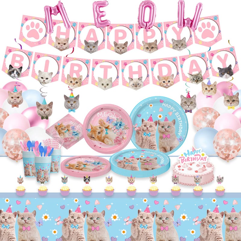 SKEPHWSKA 223 Pieces Cat Party Supplies Set - (Serves 20) - Cat Birthday Party Decorations for Girls/Boys - Kitten Disposable Dinnerware with Happy Birthday Banner Large Foil Balloons Cake Topper, Plates Cups, - Image 1