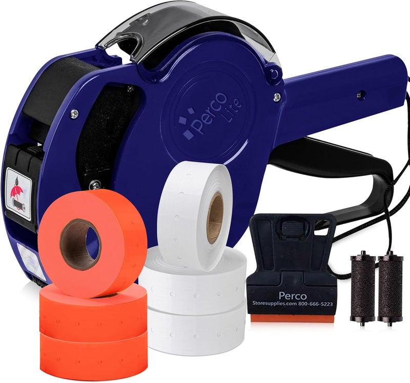 Perco Lite 1 Line Price Gun with Labels Kit - Includes 3 White Rolls, 3 Fluorescent Red Rolls, 2 Ink Rollers - 1 Ink roll and Labels Pre-Loaded - Image 1