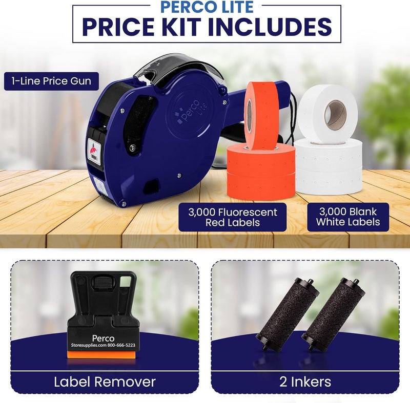 Perco Lite 1 Line Price Gun with Labels Kit - Includes 3 White Rolls, 3 Fluorescent Red Rolls, 2 Ink Rollers - 1 Ink roll and Labels Pre-Loaded - Image 2