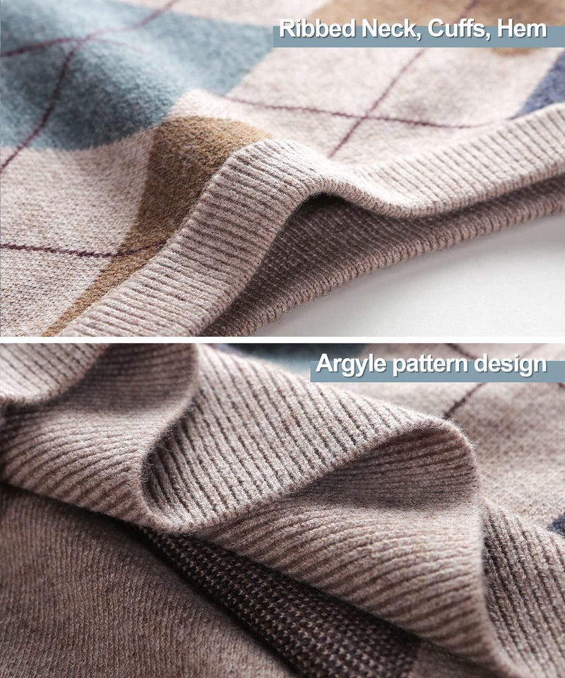 Herothorn Mens Thick Argyle Sweater Vests Classic V-Neck Knitwear Sleeveless Pullover Autumn Winter Warm Tank Tops Camel - Image 5