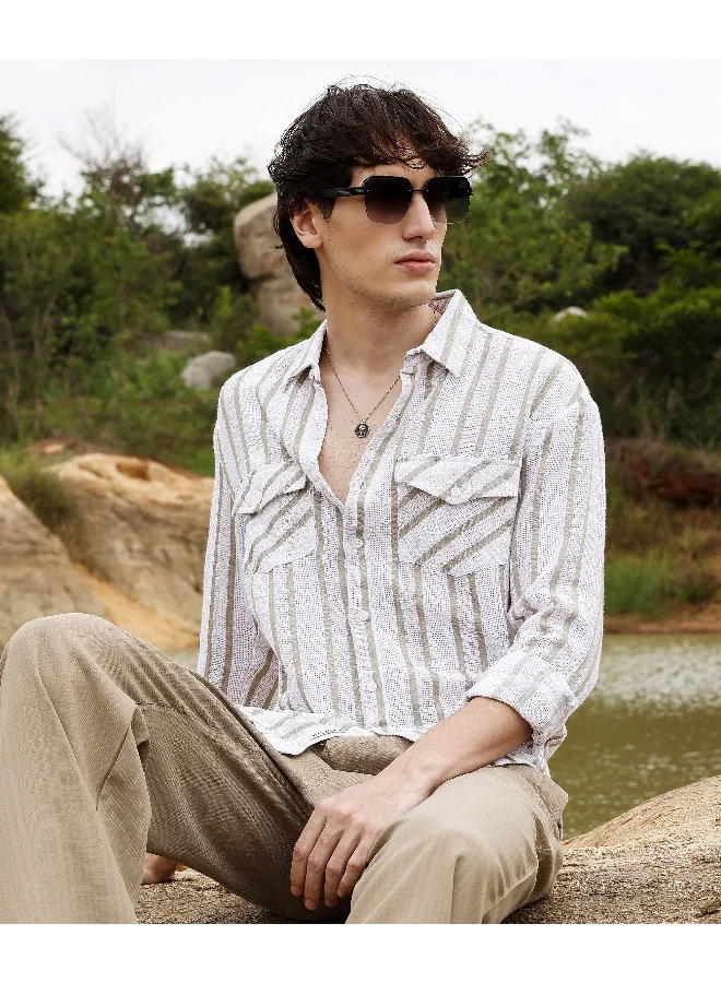 CAHOOT  Men's Off-White & Saltbox Beige Utility Halo-Stripe Oversized Shirt for Men | Best Price UAE