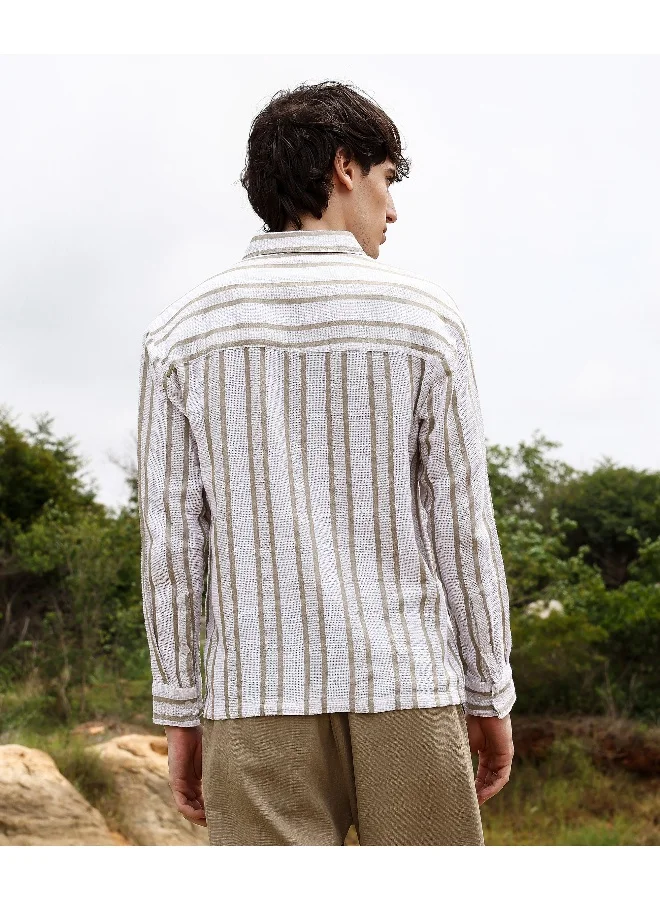 CAHOOT  Men's Off-White & Saltbox Beige Utility Halo-Stripe Oversized Shirt for Men | Best Price UAE