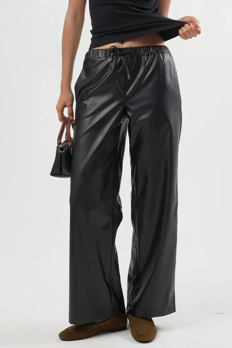 BUSEM High Waist Faux Leather Pants with Drawstring
