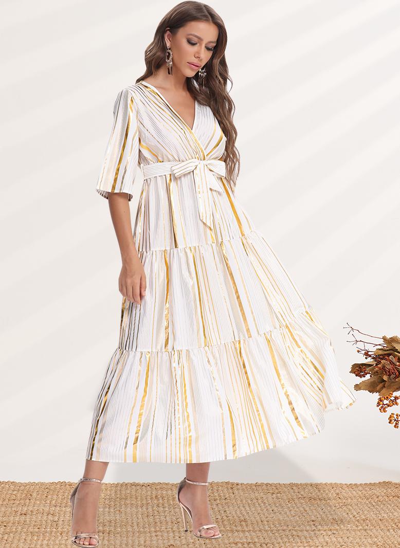 FridayIn Female Charming banquet style V-neck Stripe Slim Long dress Apricot - Image 1