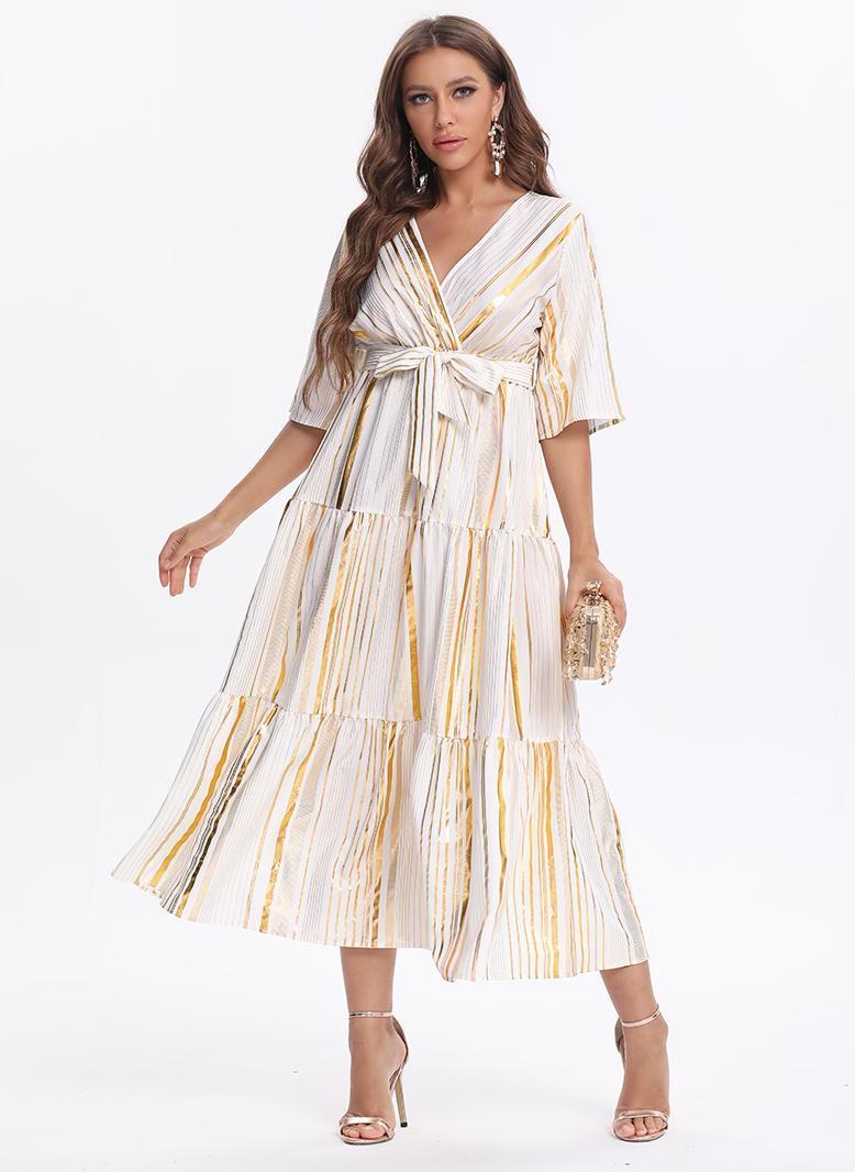 FridayIn Female Charming banquet style V-neck Stripe Slim Long dress Apricot - Image 5