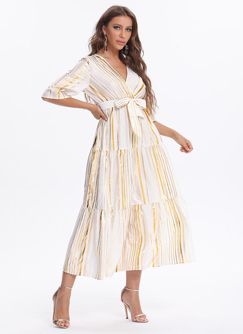 FridayIn Female Charming banquet style V-neck Stripe Slim Long dress Apricot - Image 3