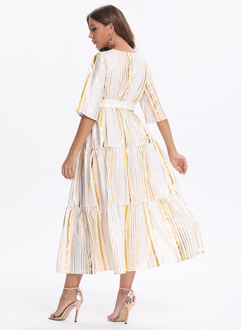 FridayIn Female Charming banquet style V-neck Stripe Slim Long dress Apricot - Image 2