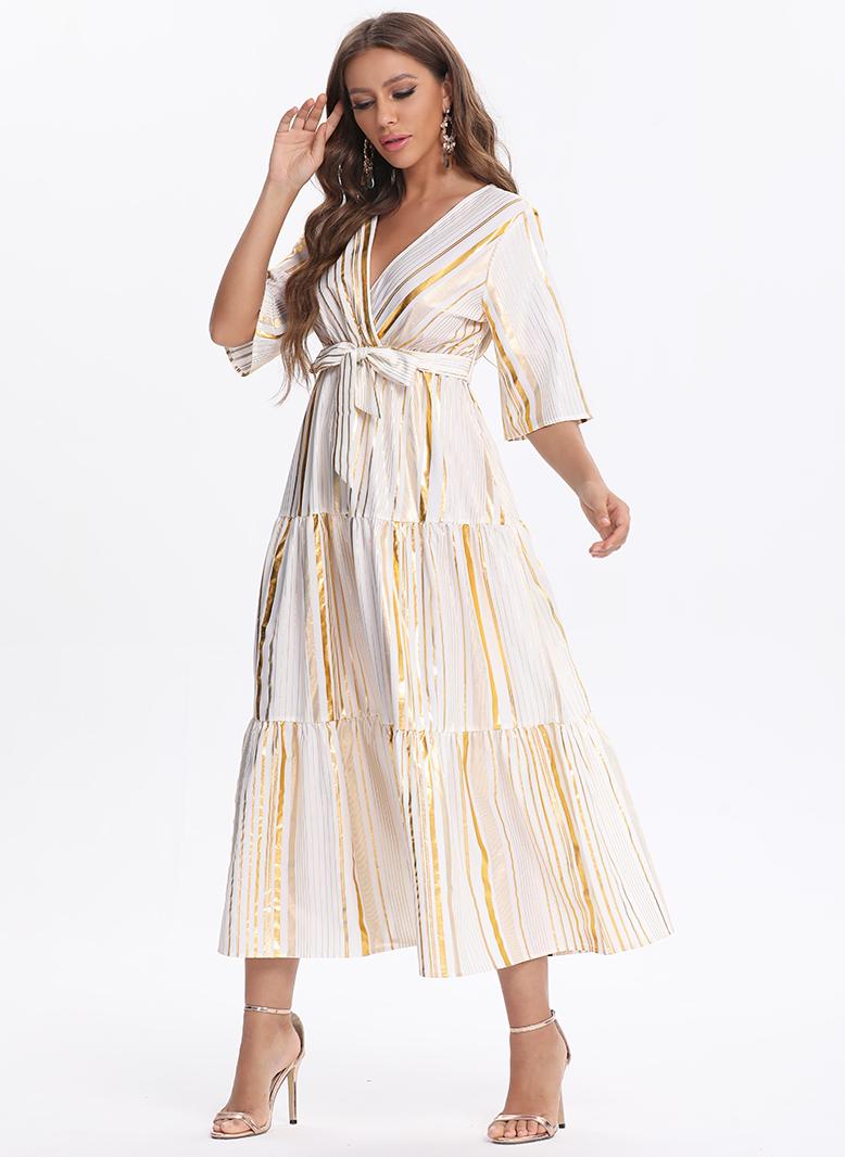 FridayIn Female Charming banquet style V-neck Stripe Slim Long dress Apricot - Image 4